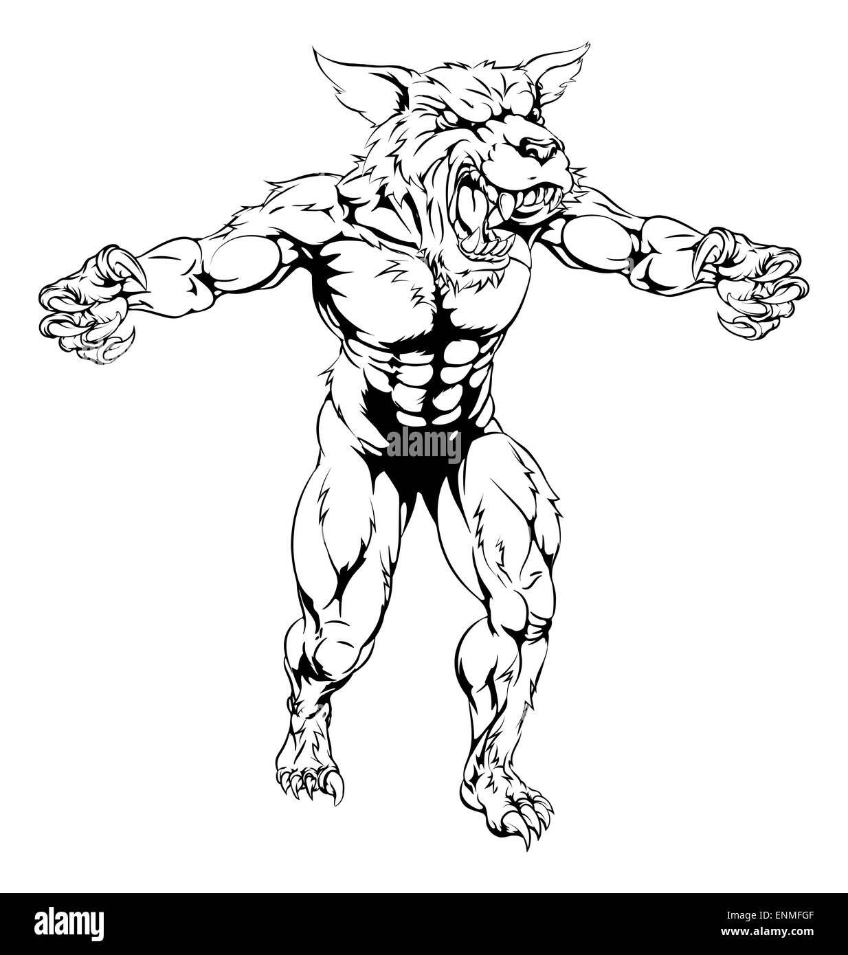 Un loup noir et blanc, l'homme loup loup-garou ou caractère mascot sport avec toutes griffes dehors Banque D'Images