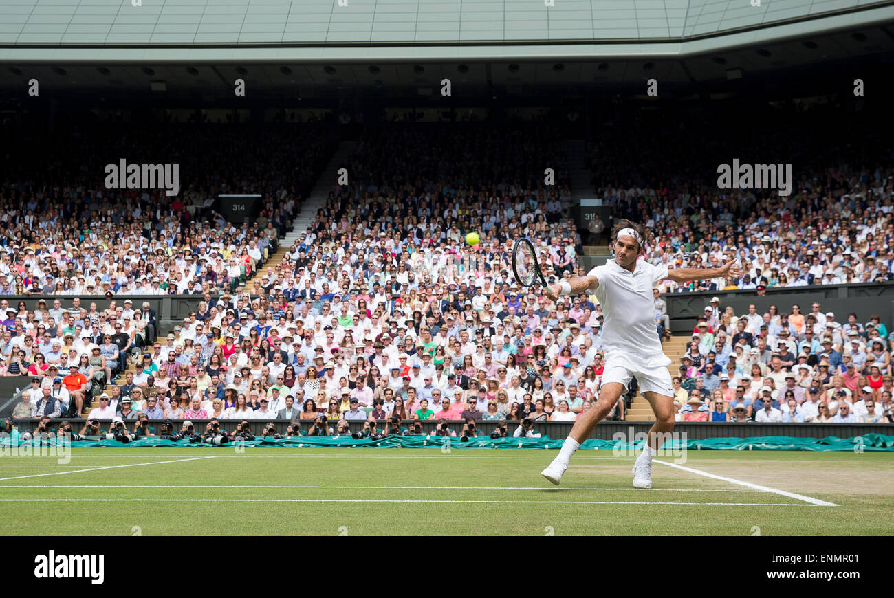 Roger Federer lors de la finale des championnats de Mens Wimbledon 2014 Le All England Lawn Tennis & Croquet Club Wimbled Banque D'Images