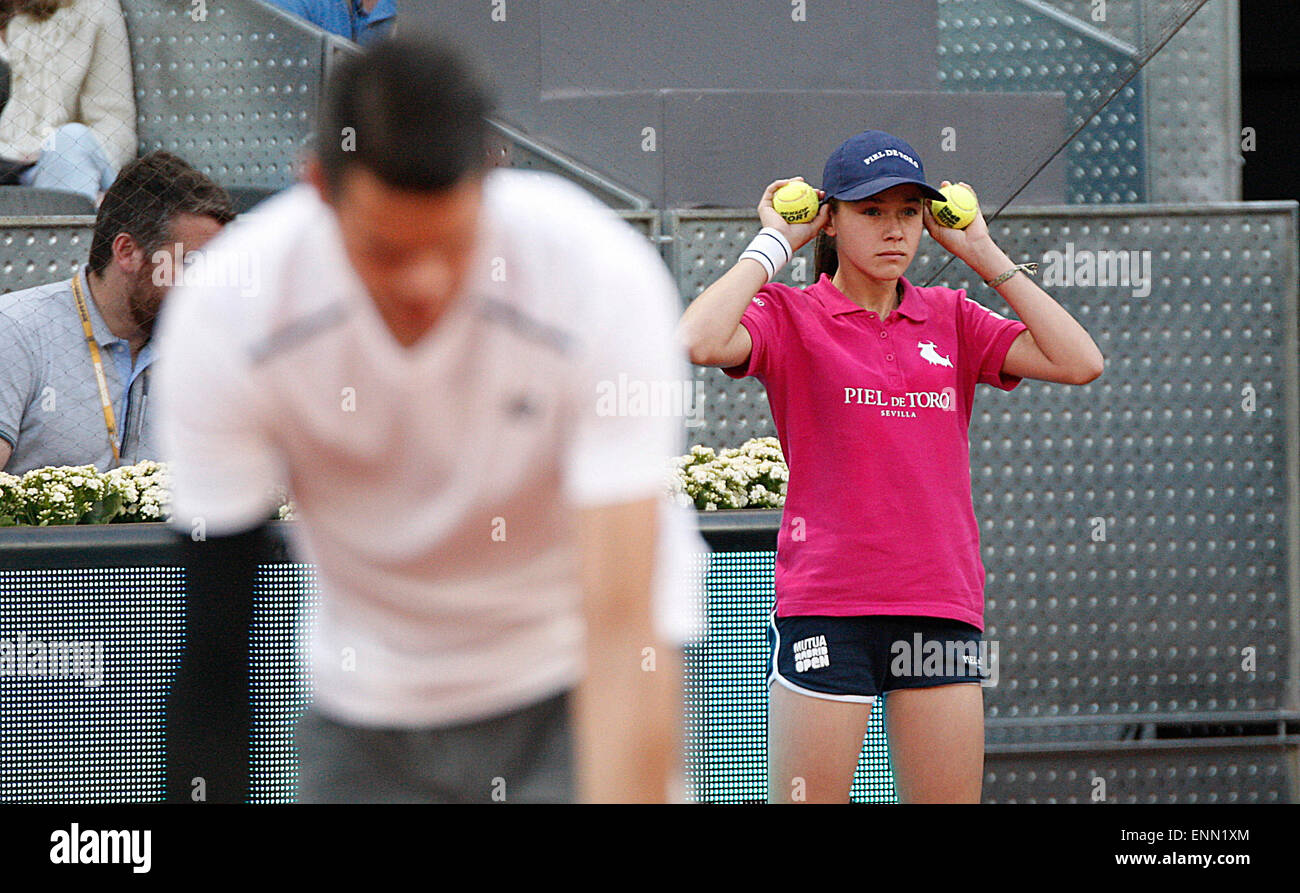 Madrid, Espagne. 8 mai, 2015. Milos Raonic en action contre Andy Murray dans l'Open de tennis de Madrid. Credit : Jimmy Whhittee/Alamy Live News Banque D'Images