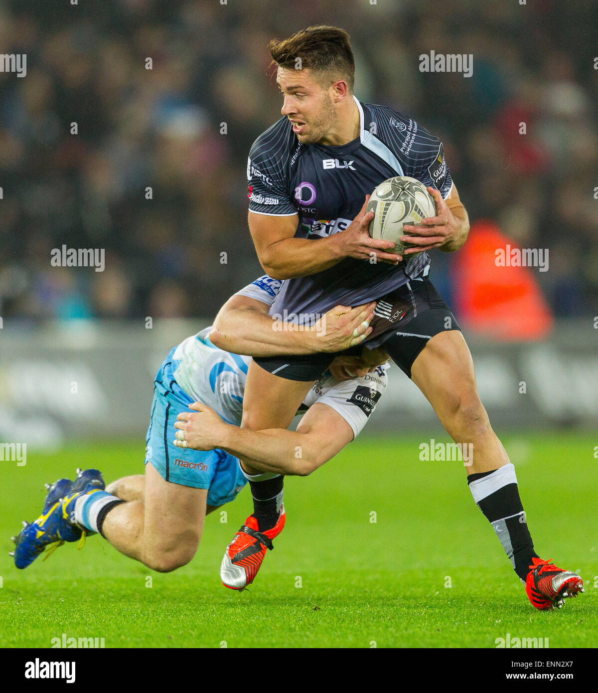 Swansea, Pays de Galles, Royaume-Uni. Le 08 mai, 2015. Guinness Pro12, le rugby, le Balbuzard contre Glasgow. Les balbuzards Rhys Webb est abordé. Credit : Action Plus Sport/Alamy Live News Banque D'Images