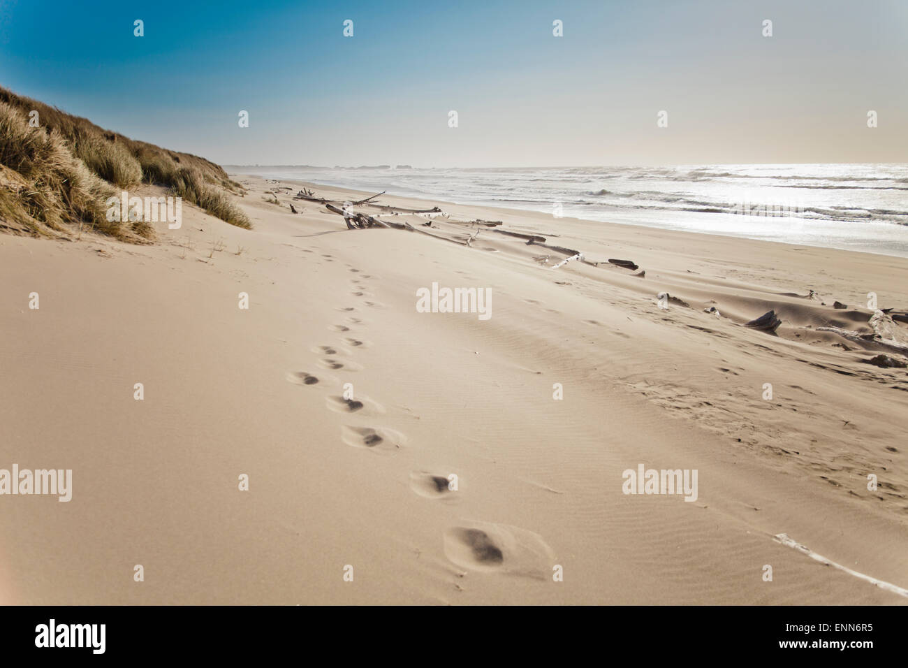 Des traces de pas dans le sable sur la plage de Bullards, Oregon. Banque D'Images