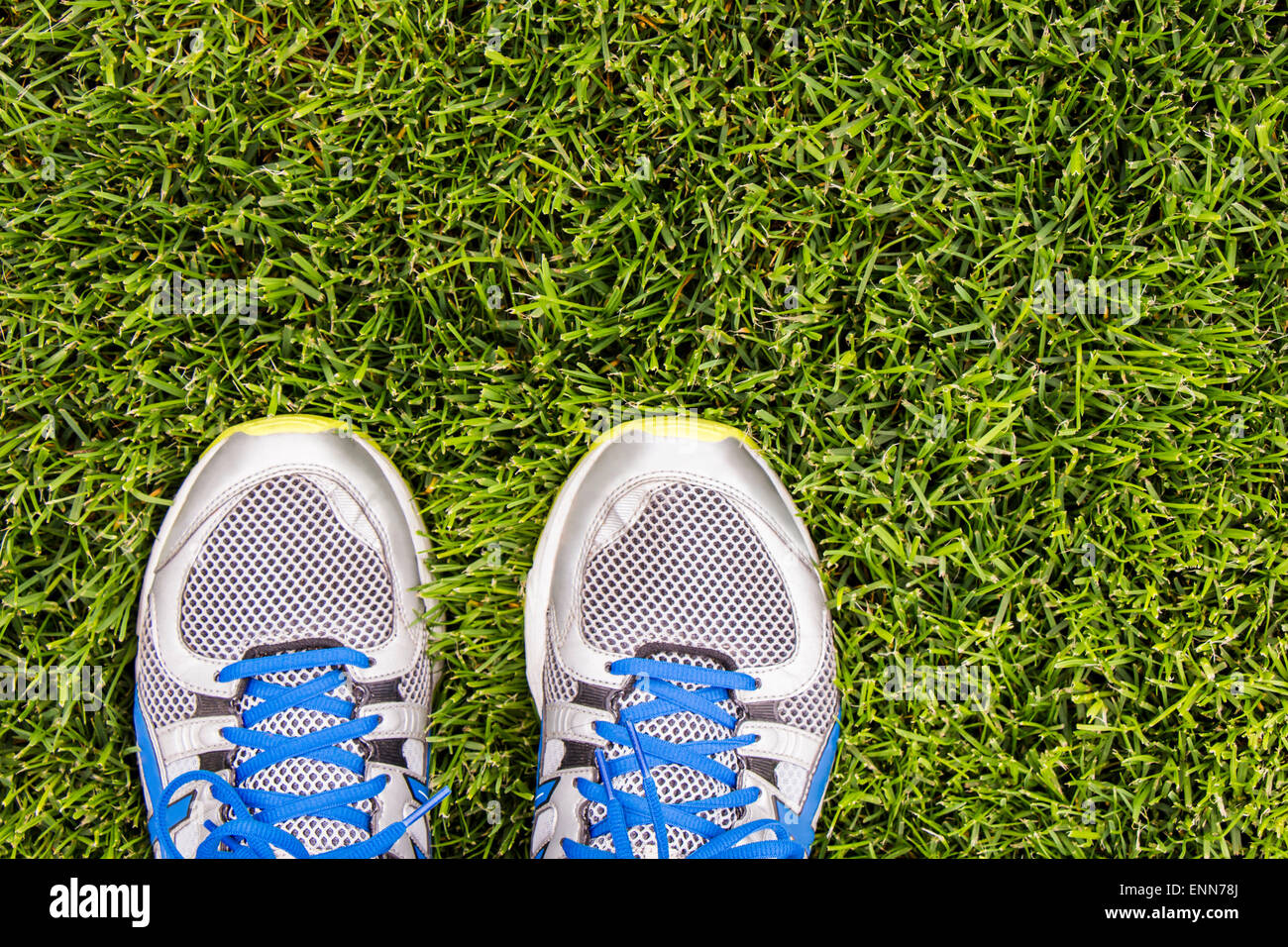 Des chaussures de course sur un champ d'herbe verte Banque D'Images