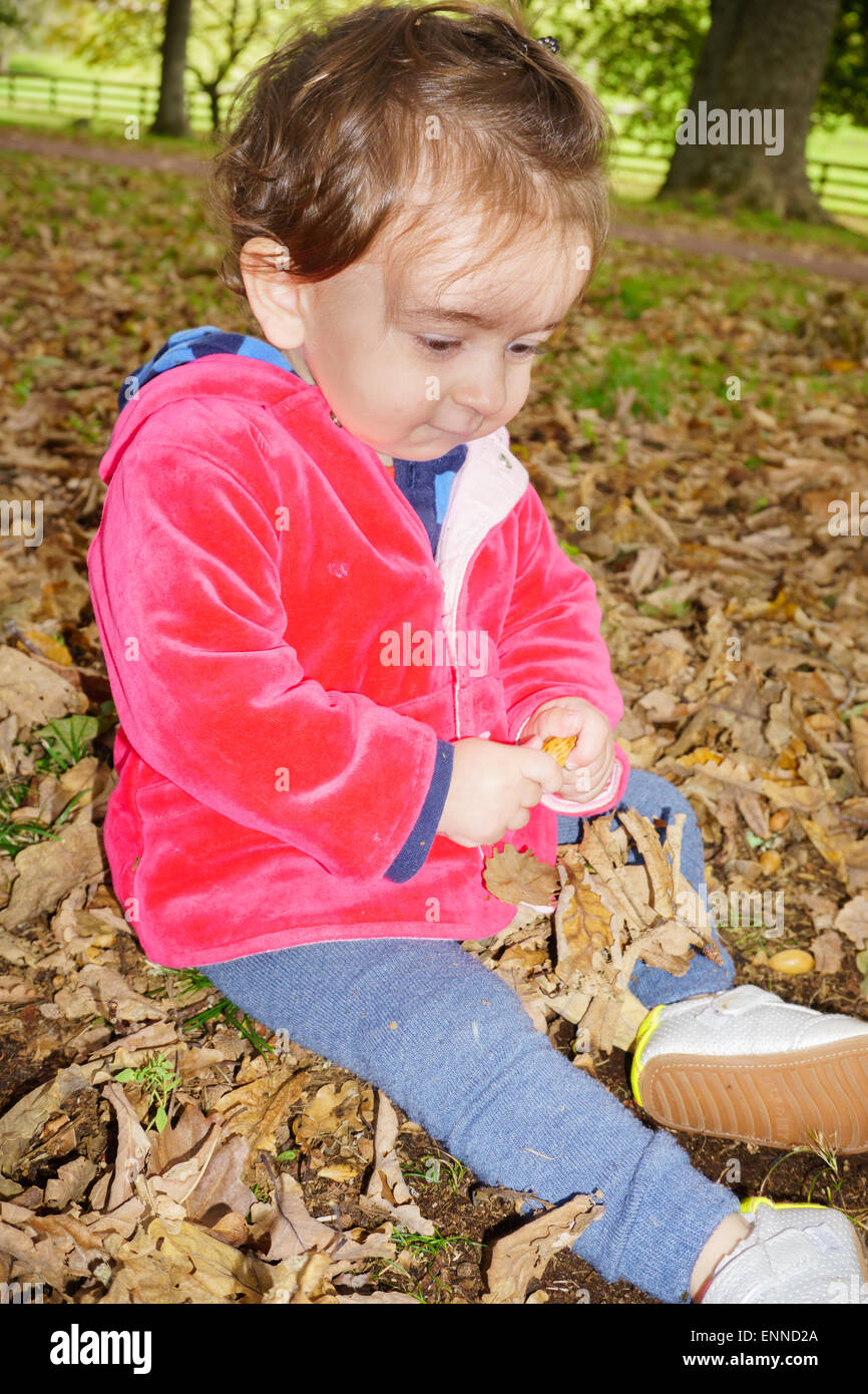 Bébé Girl in red jacket assis parmi les feuilles d'automne, le contenu à des plaisirs de jeu. Banque D'Images