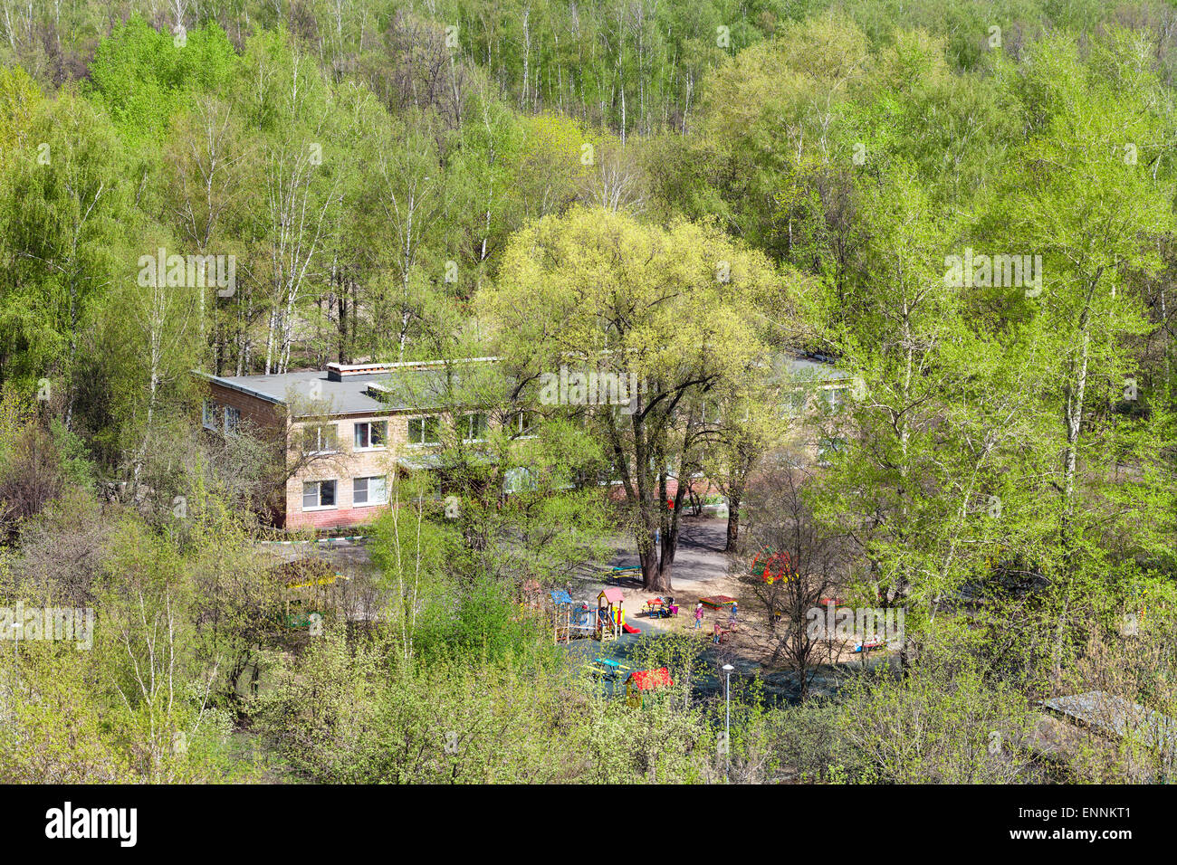 La maternelle en bois verts sous le soleil de printemps Banque D'Images