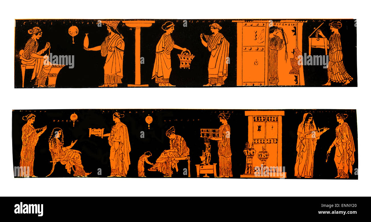 Des vases grecs antiques dépeignant la vie et le mode de vie des femmes grecques à la maison, isolated on white Banque D'Images