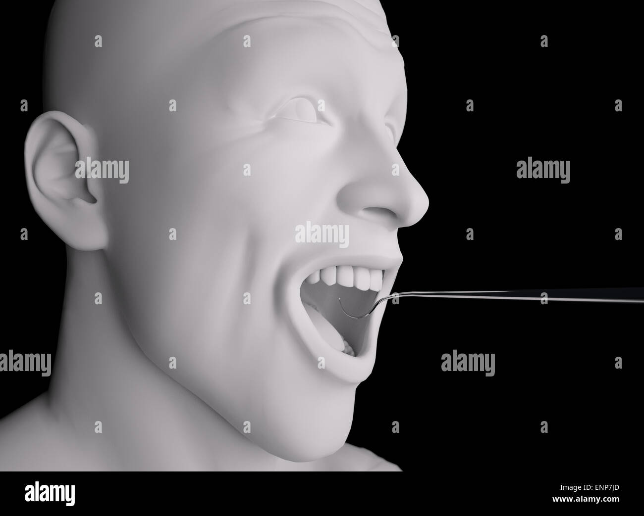 Illustration de l'homme avec l'équipement dentaire en bouche sur fond noir Banque D'Images