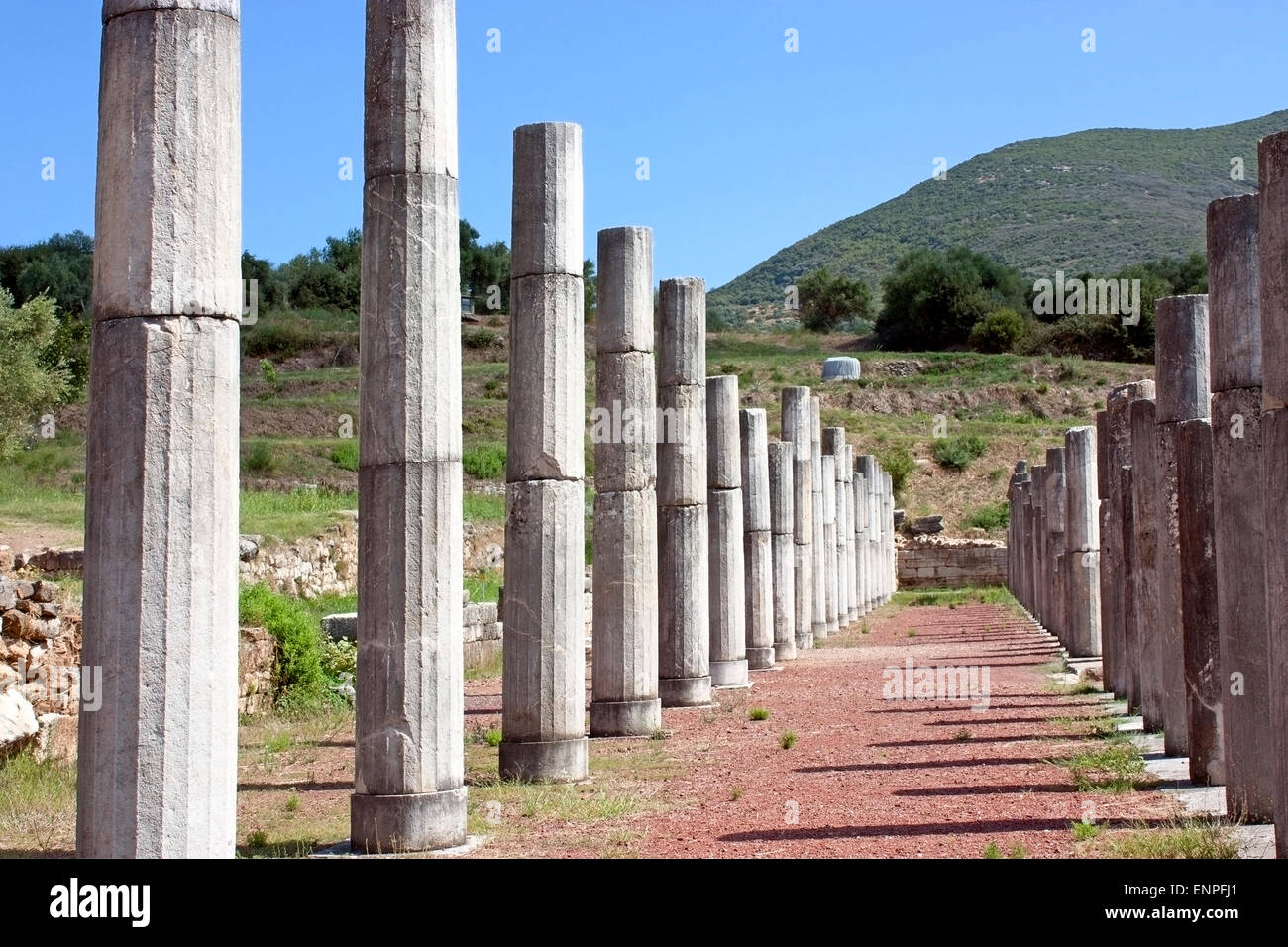 Par Colonnade le stade dans l'ancienne Messène ou, le Péloponnèse Messini, Grèce Banque D'Images