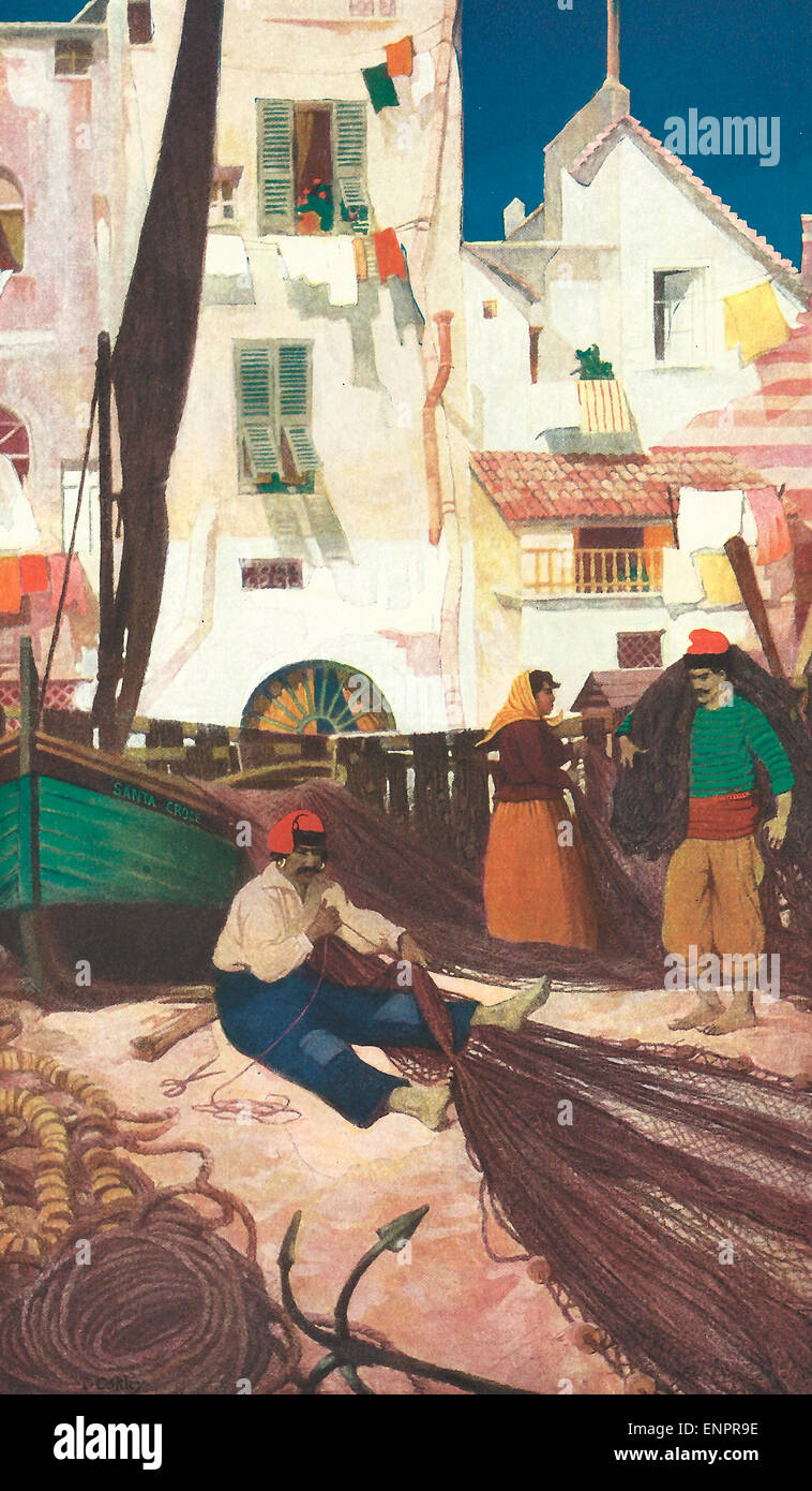 Pêcheurs sur la plage, Alassio, Italie, vers 1915 Banque D'Images