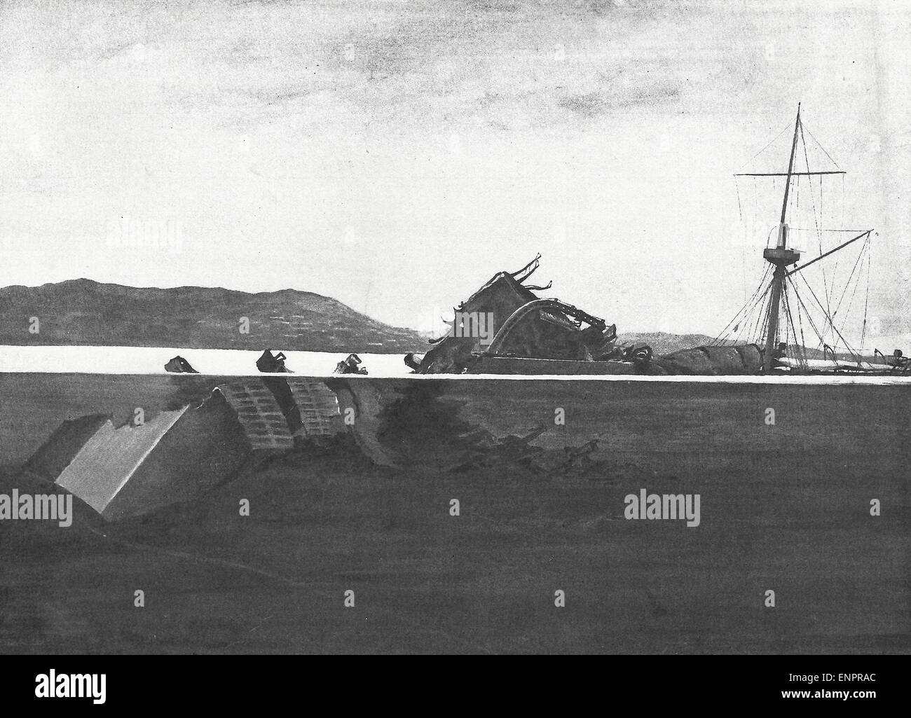 L'USS Maine, montrant la position des plaques de fond et quille, donnant la preuve de l'explosion de l'extérieur, le port de La Havane, 1898 Banque D'Images