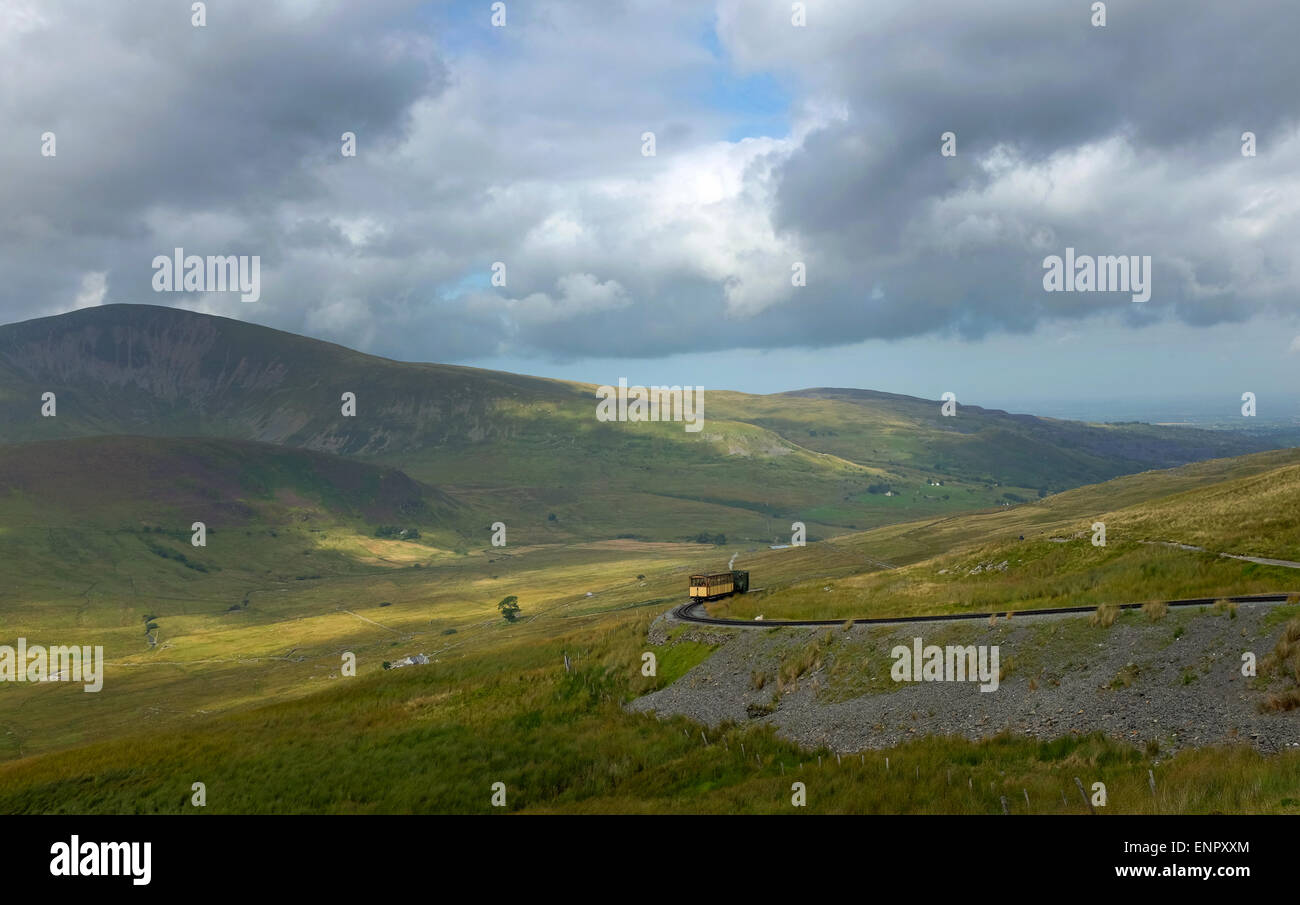 Vue depuis la route chemin Llanberis jusqu'Mont Snowdon montrant le Snowdonia Mountain Railway et les paysages alentours Banque D'Images
