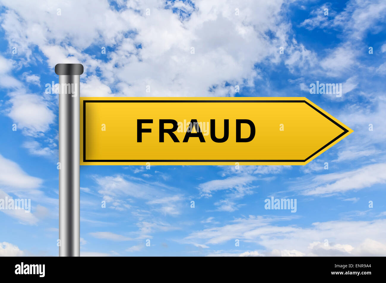 Mots Fraude sur route jaune sign on blue sky Banque D'Images