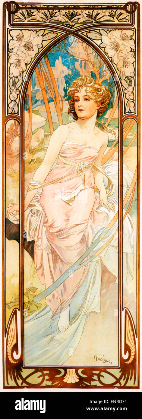Réveil matinal, Mucha, 1899 affiche Art Nouveau par l'artiste tchèque Alphonse Mucha pour la série symbolisant les humeurs des quatre périodes de la journée Banque D'Images
