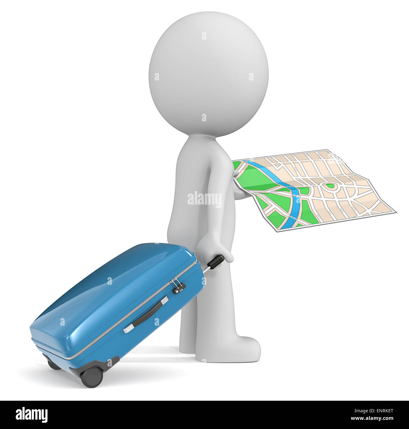 Le mec 3D character holding suitcase moderne et plan de la ville. Banque D'Images