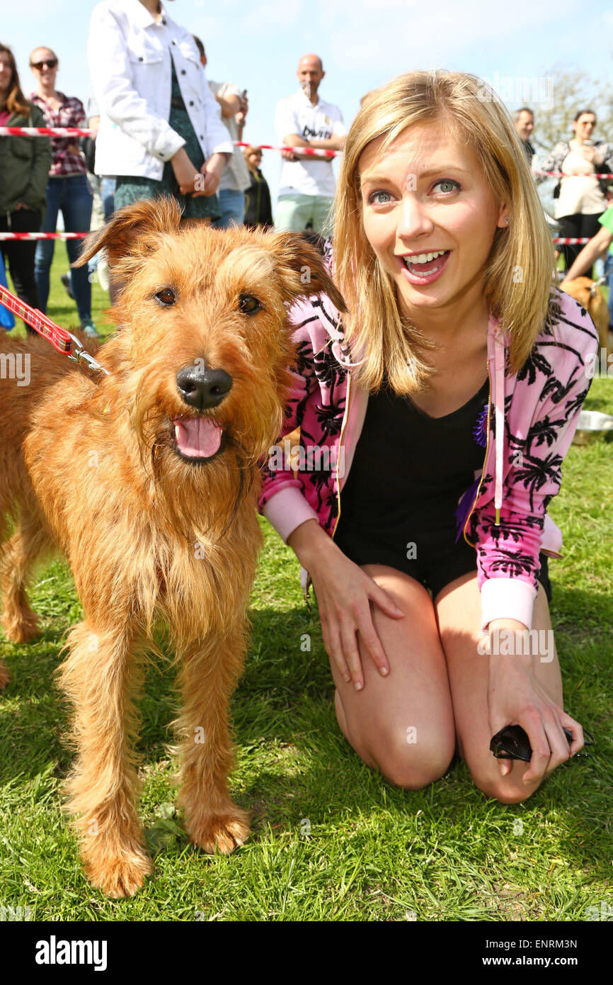 Londres, Royaume-Uni. 10 mai 2015. Rachel Riley, Countdown, présentateur de câlins jusqu'à Max le terrier irlandais à la question tous les chiens Grande Écorce d'Hampstead Dog Show 2015, Hampstead Heath, Londres dans l'aide de trouver des foyers pour les chiens de sauvetage. Le dog show qui cherche à trouver le meilleur chien de sauvetage, la meilleure et la plus mignonne des chiens oldie est jugé par un éventail de juges célébrité et sont indispensables au fonctionnement de l'argent pour l'organisme de bienfaisance. Crédit : Paul Brown/Alamy Live News Banque D'Images