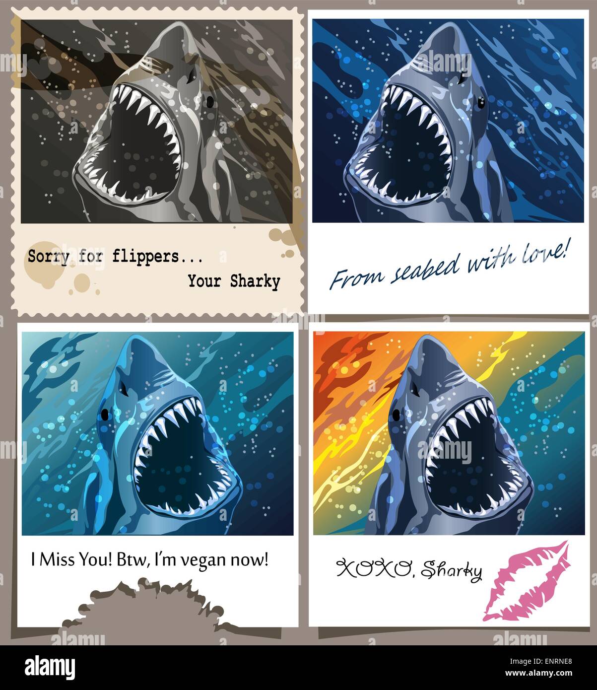 Le jeu contient quatre cartes postales avec le requin et messages humoristiques tirées de différents styles Illustration de Vecteur