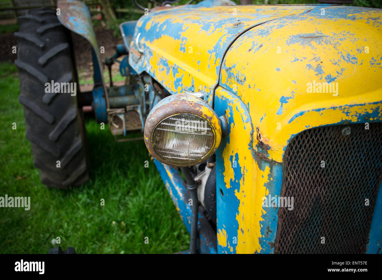 Rouille jaune et bleu vieux tracteur Banque D'Images