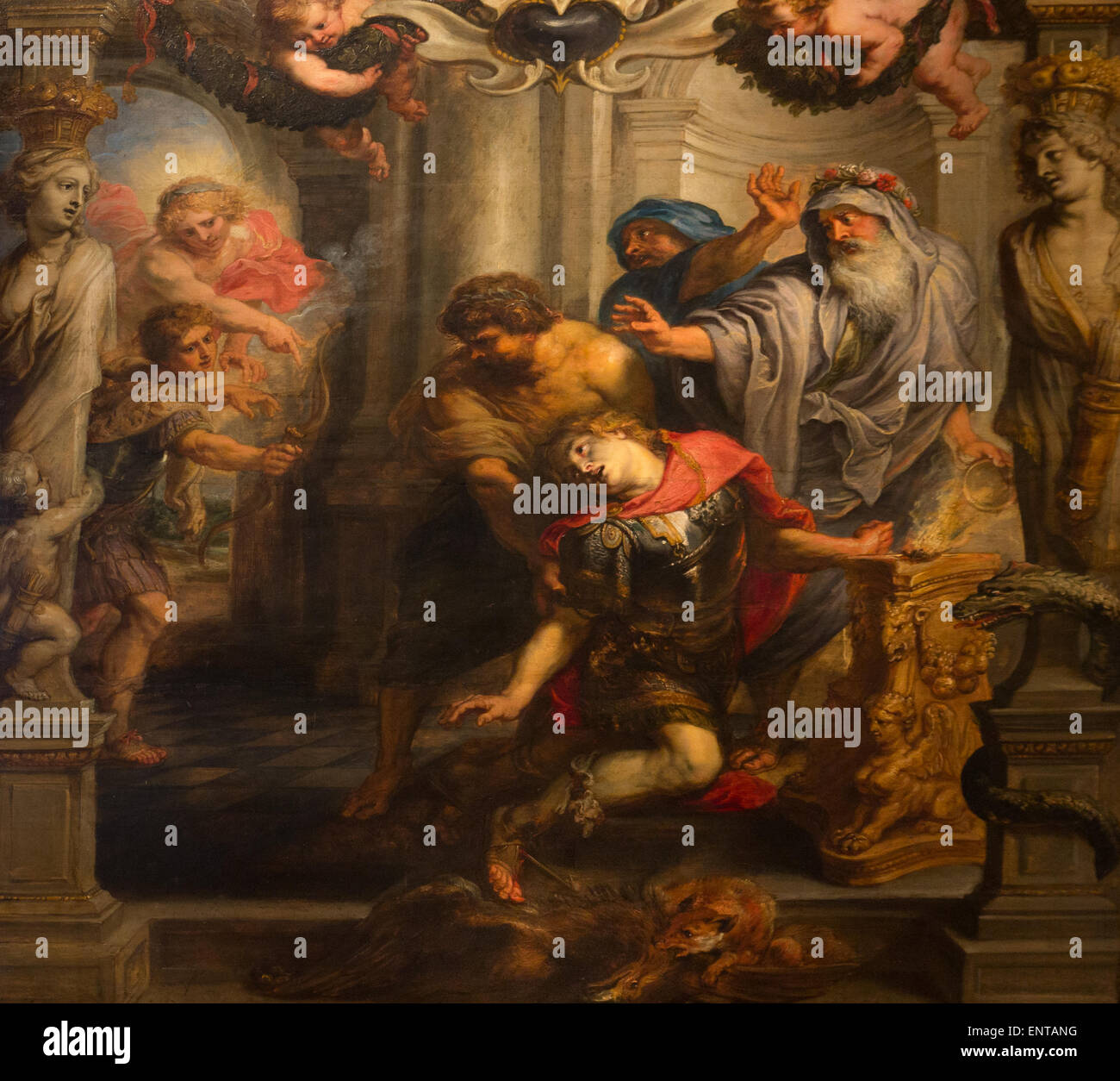 ActiveMuseum 0006305.jpg / La mort d'achille l'inscription d'Achille, le héros grec qui a participé à la guerre de dix ans contre les Troyens. Le prince Paris, guidé par le dieu Apollon a tiré une flèche mortellement Achille talon par vulnérables. Les animaux dans l'avant-plan le miroir épisode : le noble eagle est tué par le rusé renard. 22/01/2014 - 17e siècle / Collection / Musée actif Banque D'Images