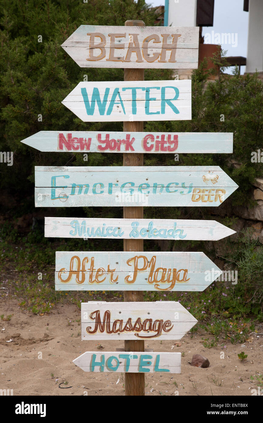Beach Sign, Es Figueral, Ibiza, Baléares, Espagne Banque D'Images