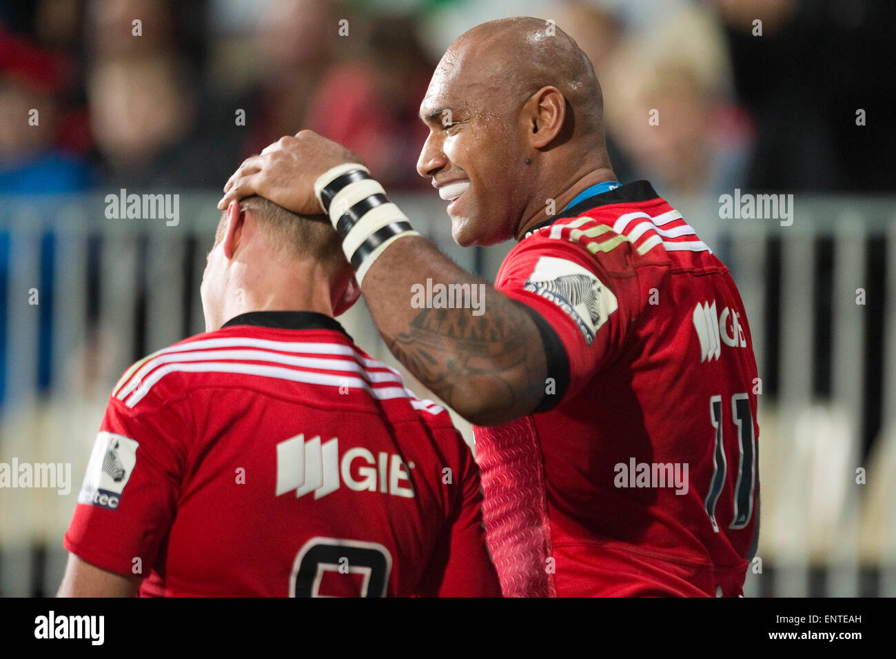 Christchurch, Nouvelle-Zélande. 8 mai, 2015. Christchurch, Nouvelle-Zélande - 8 mai 2015 - Nemani Nadolo des Croisés fête marquant un essai au cours de l'Investec Super Rugby match entre les croisés et les rouges à l'AMI Stadium le 8 mai 2015 à Christchurch, Nouvelle-Zélande. © dpa/Alamy Live News Banque D'Images