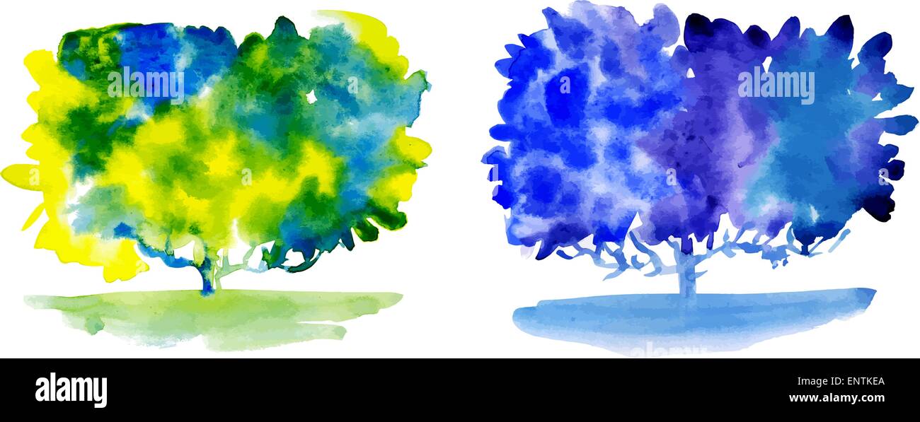 Ensemble d'arbres à l'aquarelle. Illustration de Vecteur