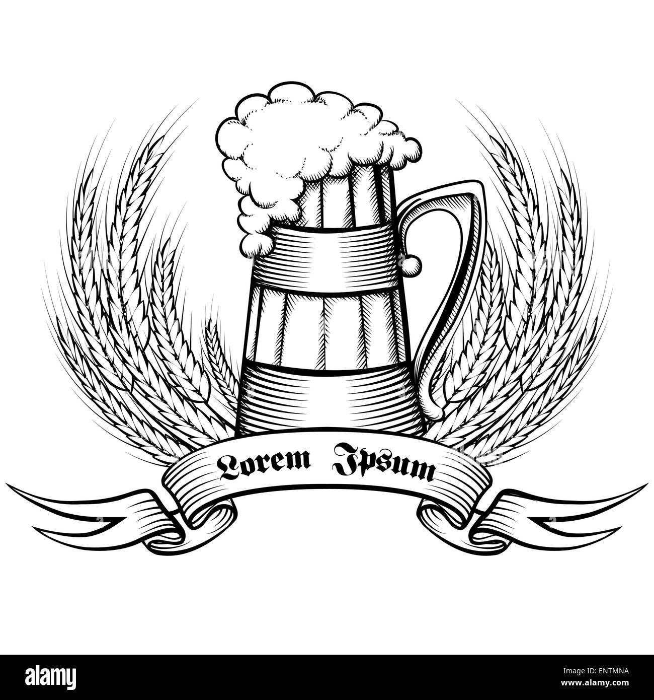 Beer mug avec les oreilles de l'orge et de bannières tirées en rétro style de gravure. Isolé sur fond blanc. Illustration de Vecteur