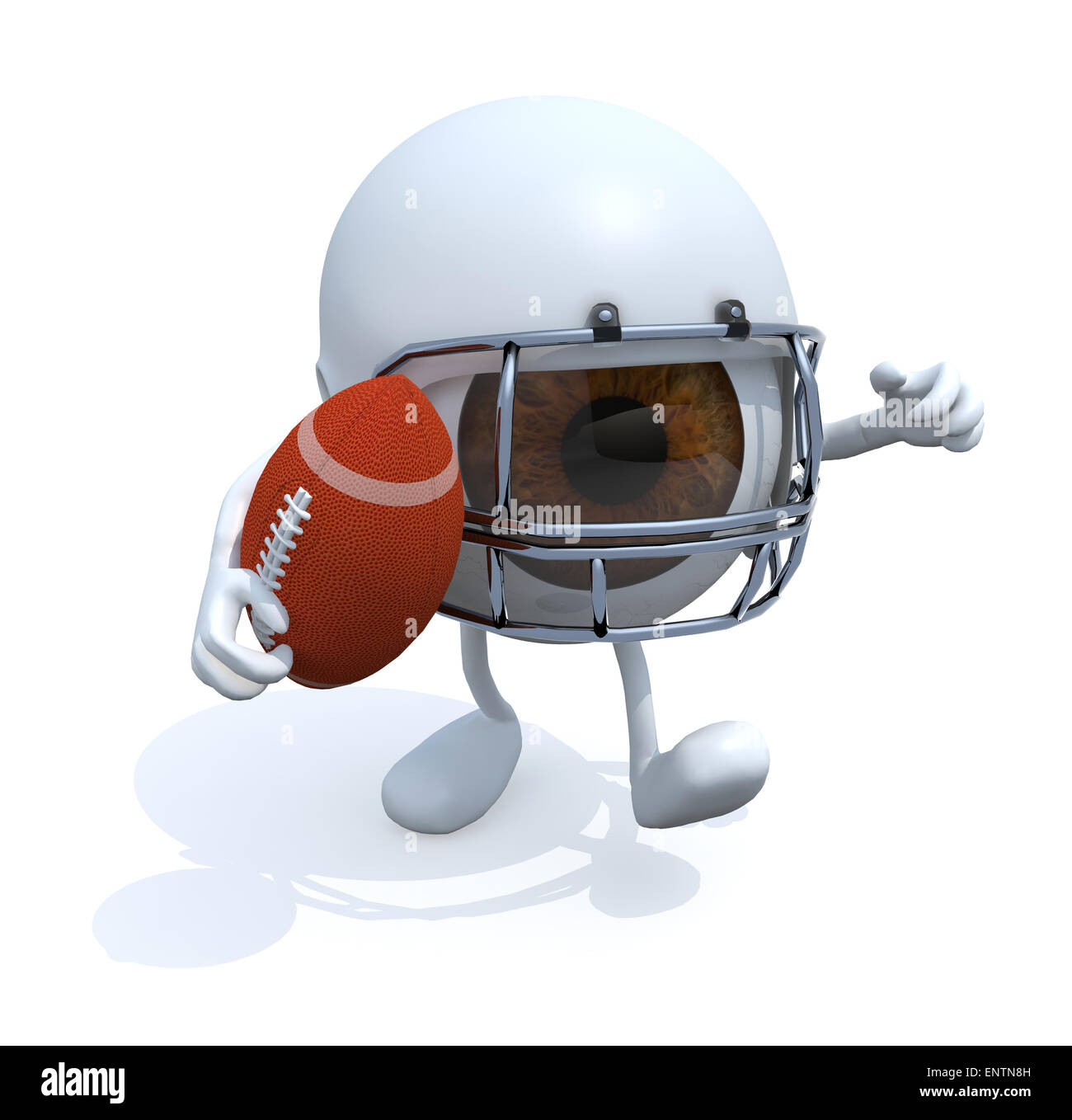 Big eye avec bras, jambes, casque et ballon de rugby, 3d illustration Banque D'Images