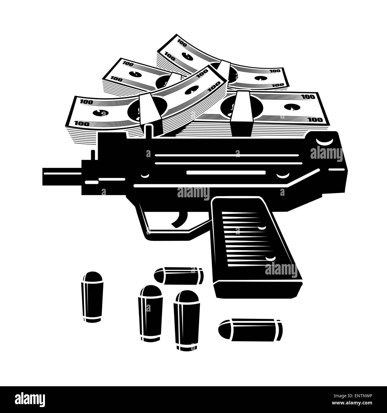 Illustration de l'uzi gun et beaucoup d'argent. Isolé sur fond blanc. Illustration de Vecteur