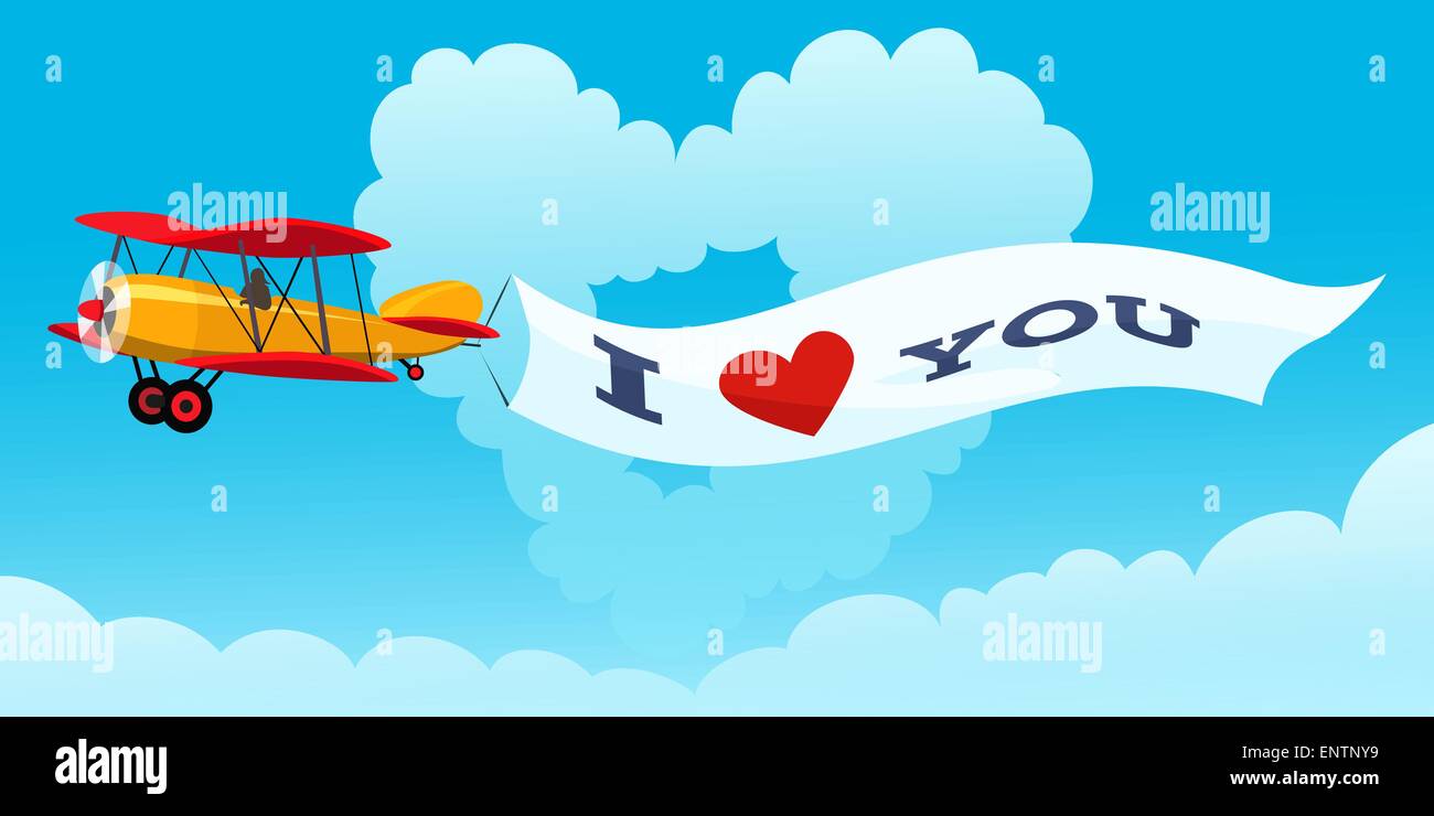 Avion avec message d'amour en forme de cœur contre les nuages et ciel bleu. Seulement libre police utilisée. Illustration de Vecteur