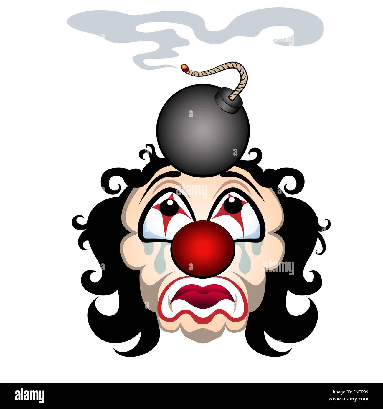 Illustration bande dessinée du clown triste avec la bombe sur la tête. Isolé sur fond blanc. Illustration de Vecteur