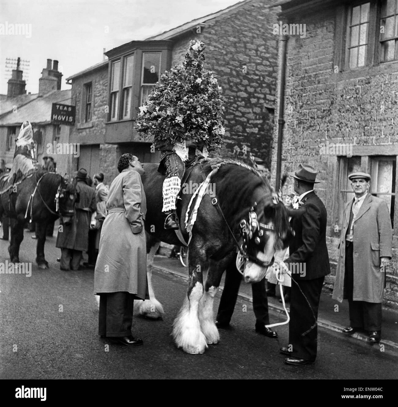 Castleton Garland Garland ou jour King Day est organisée le 29 mai (sauf si cette date tombe un dimanche, lorsque la coutume est transférée à l'samedi) dans la ville de Castleton dans le Derbyshire Peak District. Le Roi Garland, à cheval, et couverts jusqu'à la taille dans un lourd, en forme de cloche floral Garland, à la tête d'une procession à travers la ville. Castleton, Derbyshire. 28 mai 1976. Banque D'Images