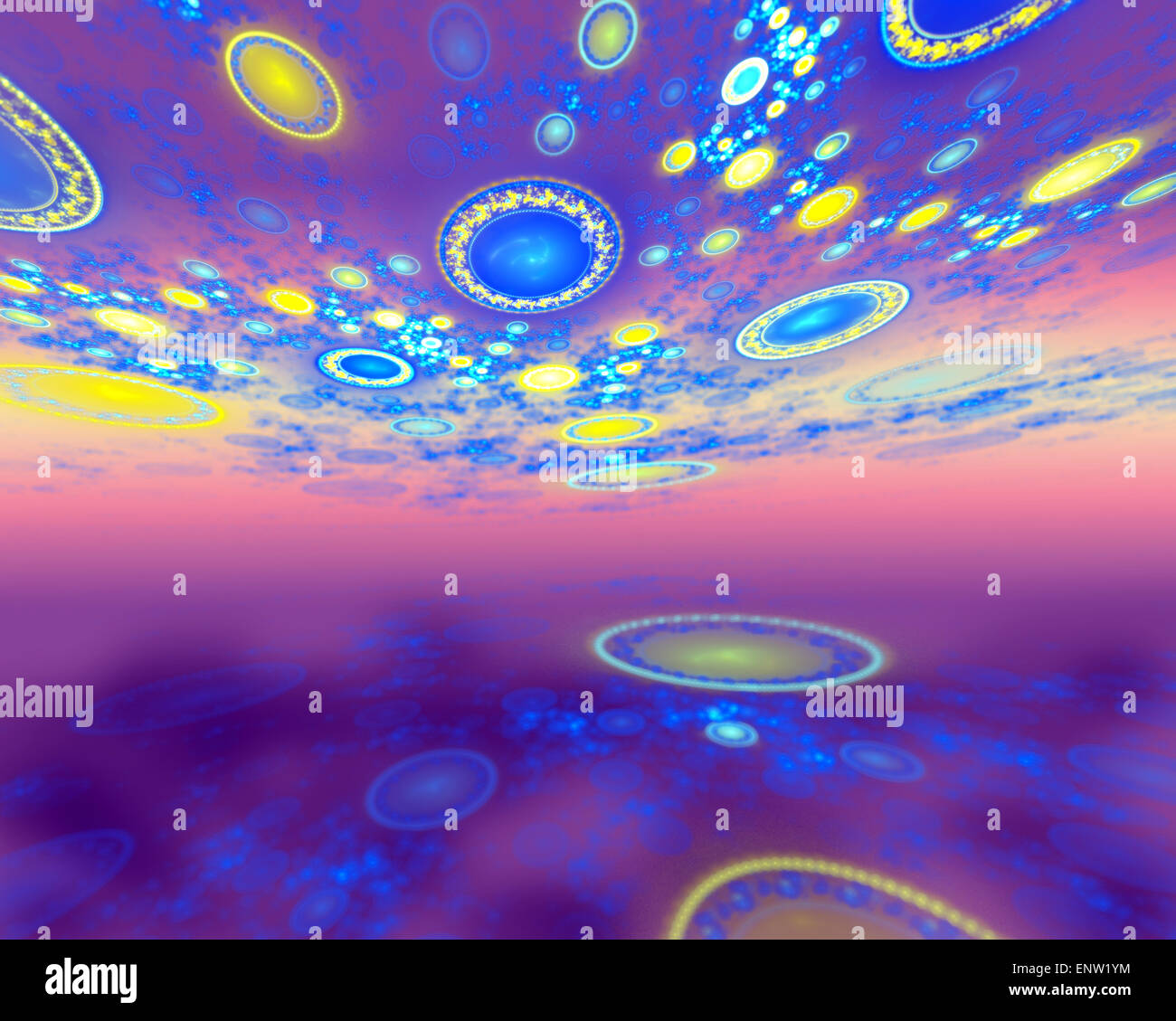 Cluster OVNI lumineux dans l'espace en forme de disque de mystérieux rayons du soleil levant. L'abstraction graphique à base de fractal Banque D'Images
