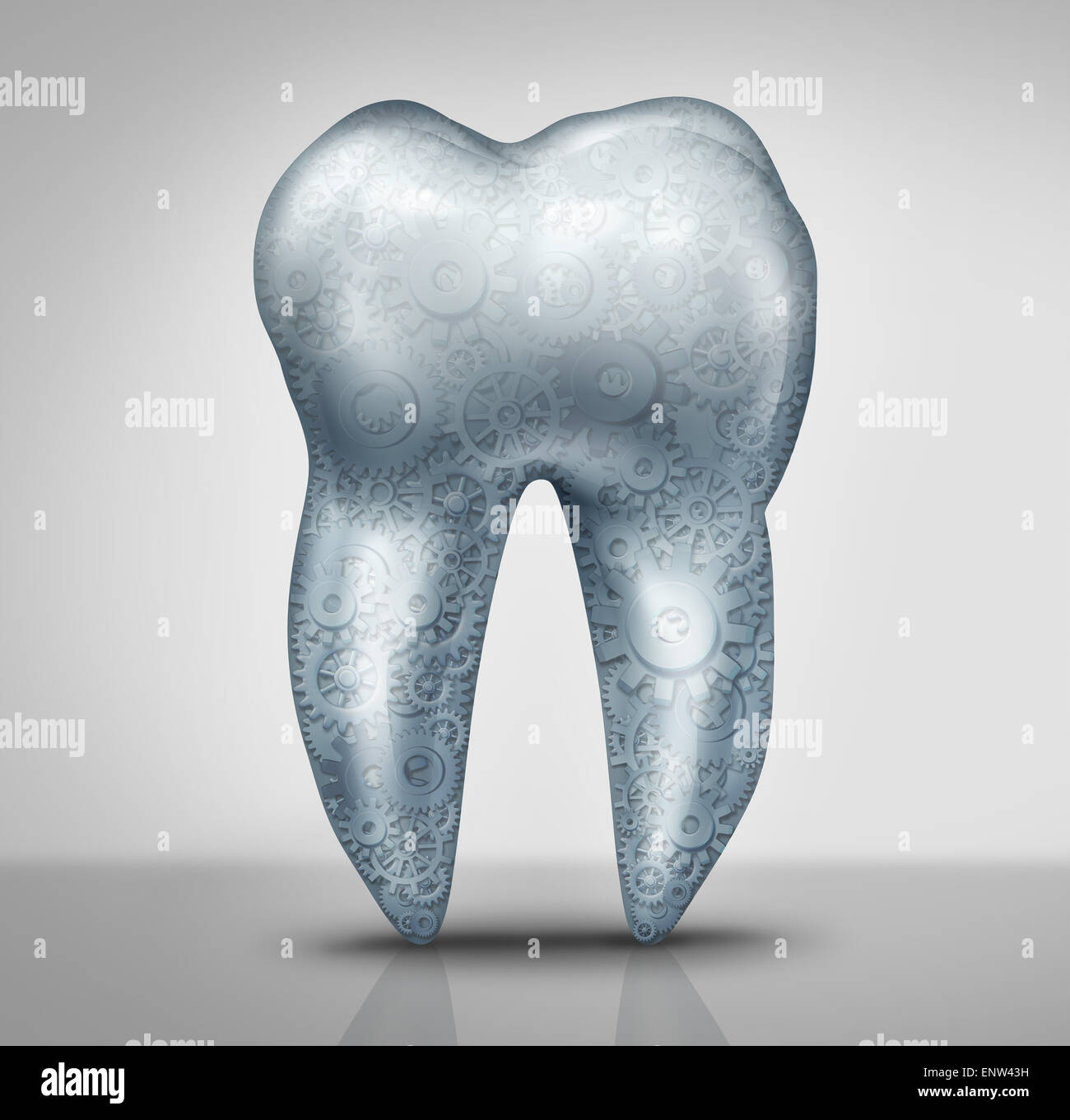 La technologie dentaire concept comme une molaire avec engrenages et roues intérieur cog comme un symbole d'art dentaire outils médicaux pour l'hygiène orale et avances pour les soins de santé. Banque D'Images