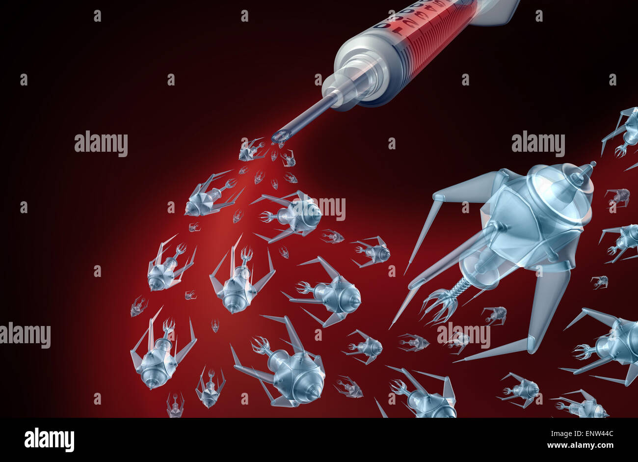 Nano technologie médicale et médecine nanotechnologie concept comme un groupe de robots nano microscopique ou nanobots programmé pour tuer Banque D'Images