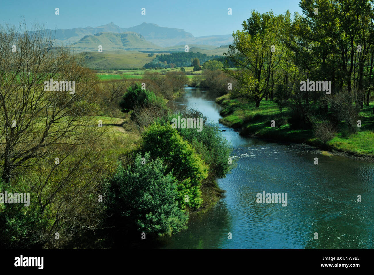 Underberg, KwaZulu-Natal, Afrique du Sud, vue panoramique sur les pics dans Hodgsons mZimkulu au Drakensberg, paysage, rivière Banque D'Images