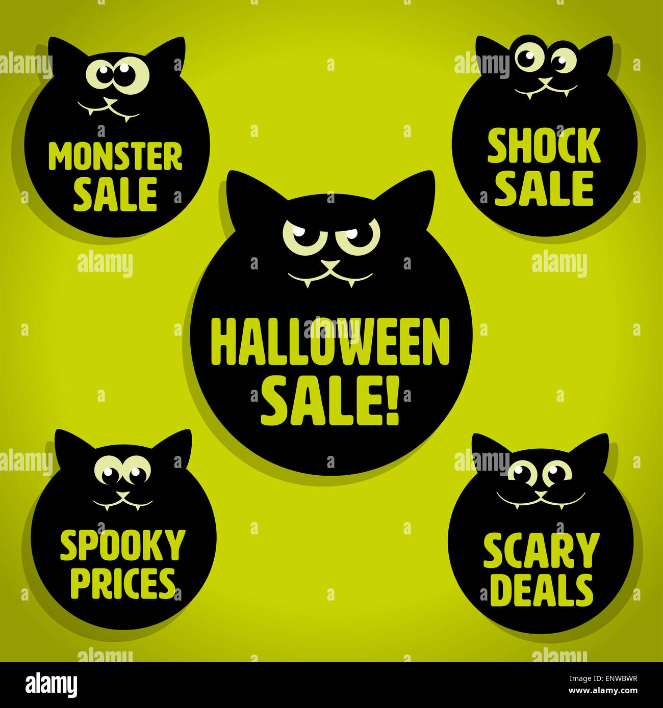 Cinq Scary Halloween Chat Noir peu Vente icônes sur fond vert Banque D'Images