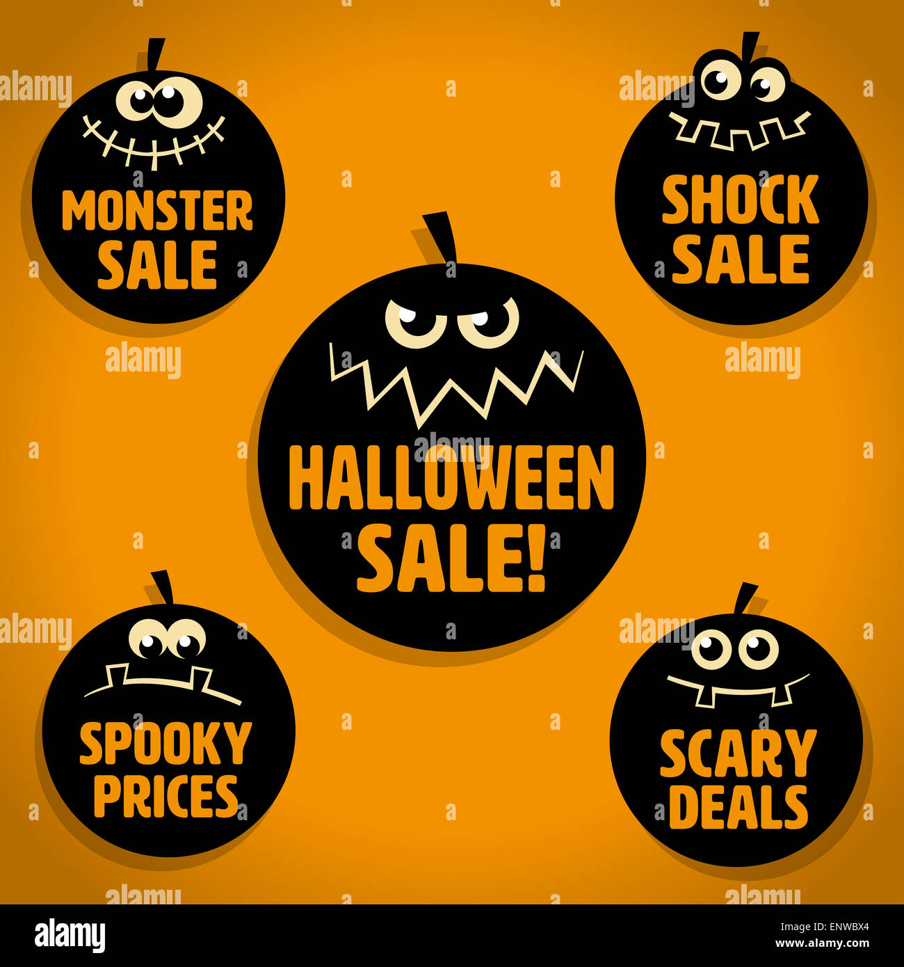 Cinq Scary Halloween Citrouille peu noir Vente icônes sur fond orange Banque D'Images