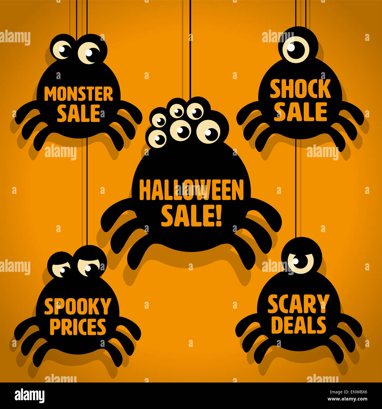 Cinq Noir peu effrayant Halloween Spider Vente icônes sur fond orange Banque D'Images