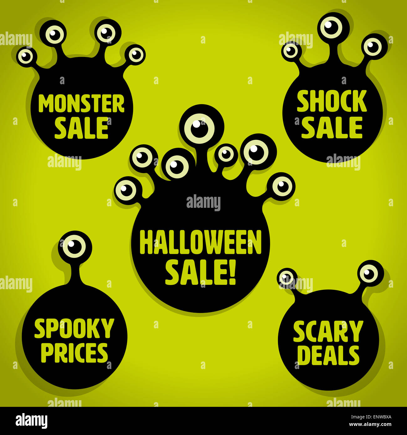 Cinq Noir peu effrayant Halloween globe oculaire Vente icônes sur fond vert Banque D'Images