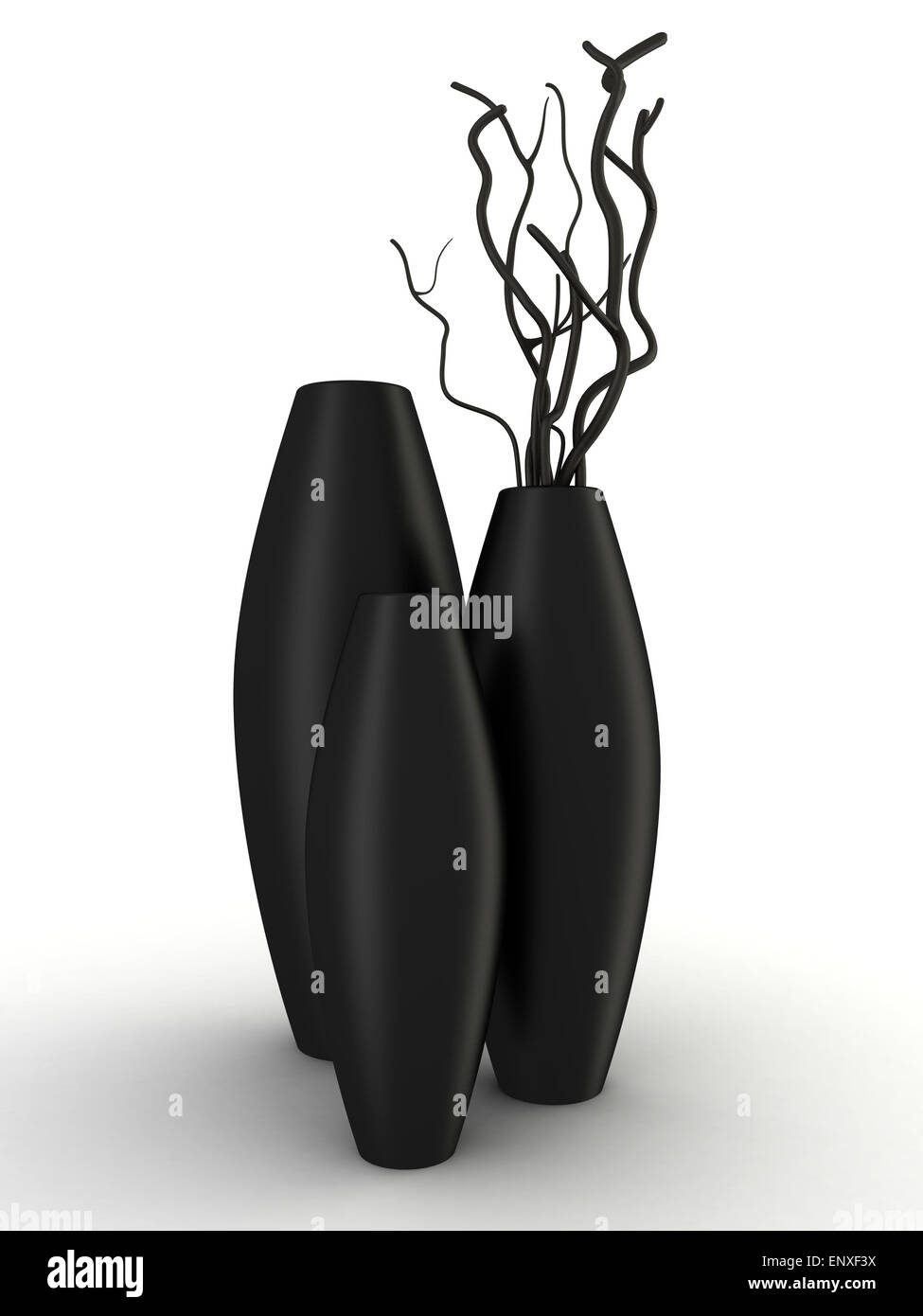 Trois vases noir avec du bois sec isolated on white Banque D'Images
