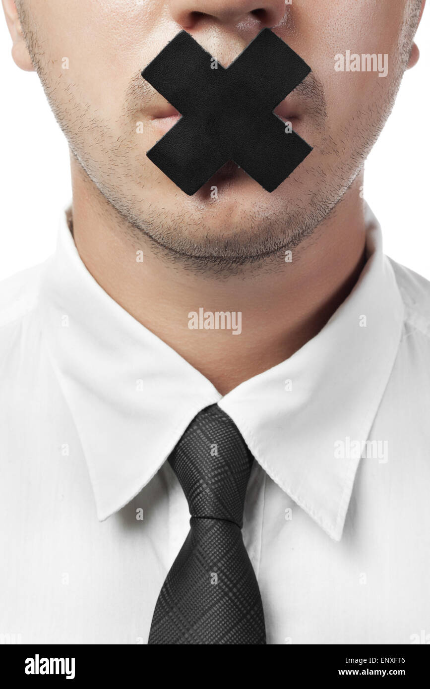 L'homme en chemise et cravate avec isolé bouche fermée Banque D'Images