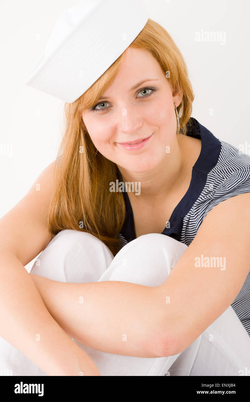 Young marine woman fashion portrait sailor hat Banque D'Images