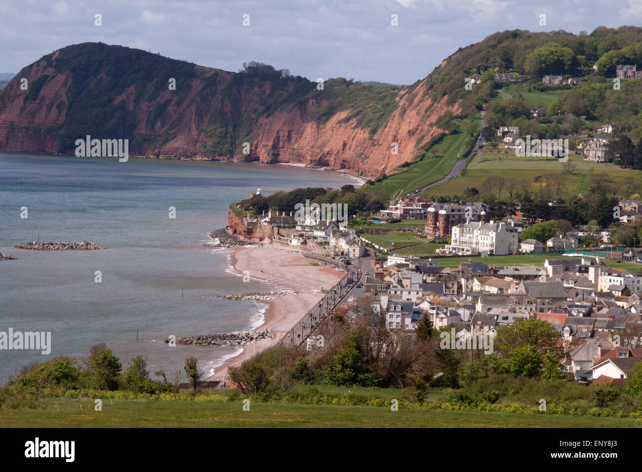 La ville de Sidmouth. Le chemin côtier du sud-ouest à Salcombe Hill Cliff, à Truro, Cornwall, Devon, avec la ville et la baie de Lyme derrière. Banque D'Images