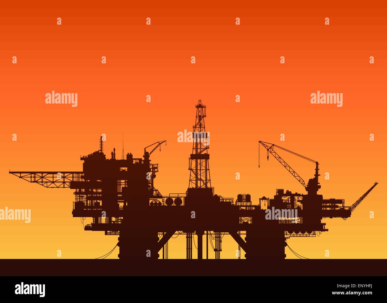 Plate-forme pétrolière de la mer au coucher du soleil. La plate-forme pétrolière dans la mer. Vector illustration détaillée. Illustration de Vecteur