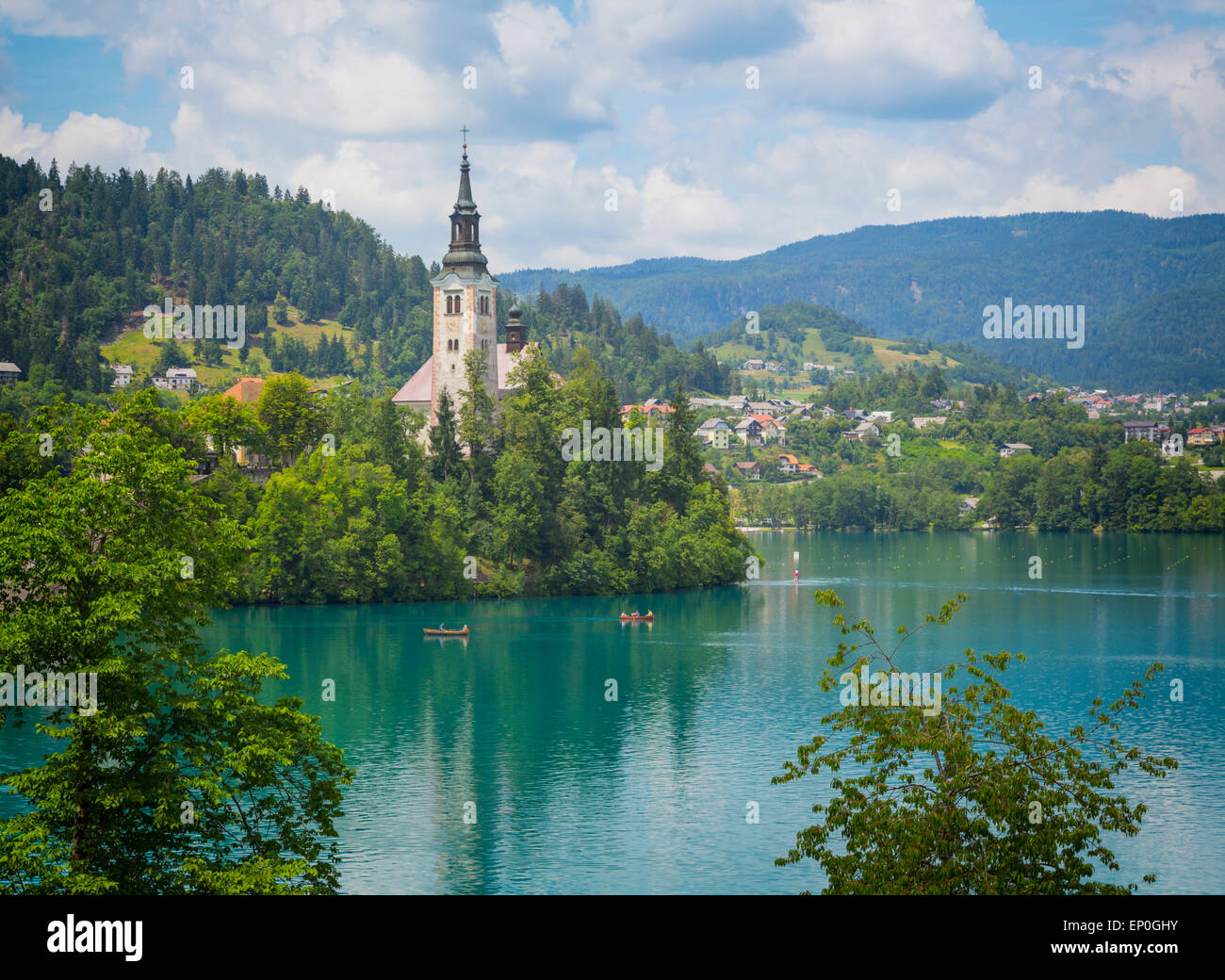 Bled, Haute-Carniole, la Slovénie. Église de l'assomption sur l'île de Bled. Banque D'Images