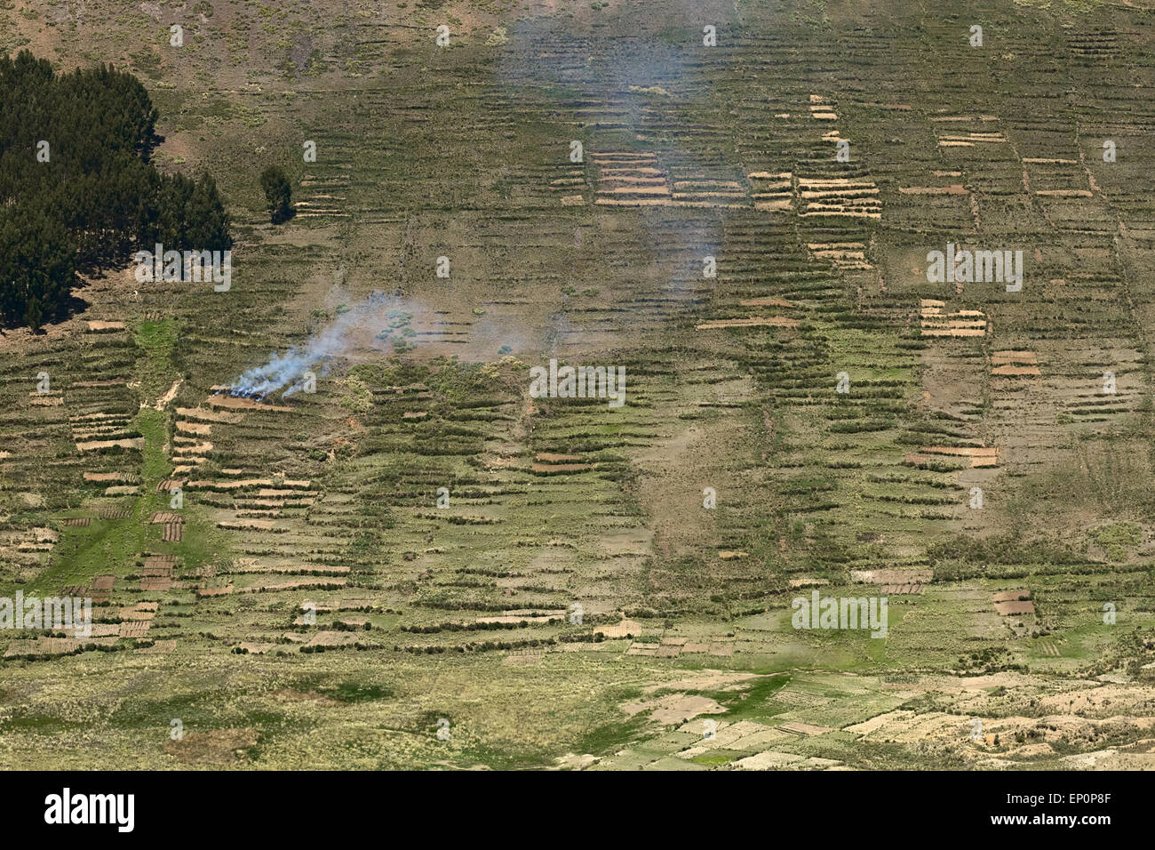 La fumée s'élevant à partir de la colline sur l'Isla del Sol (Île du Soleil) dans le lac Titicaca, Bolivie Banque D'Images