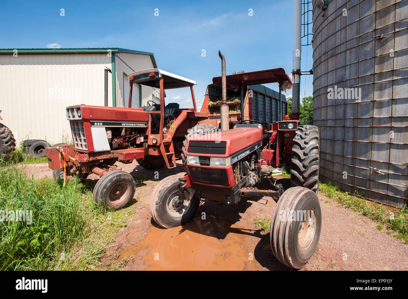 Deux tracteurs rouges sur ferme à Honesdale, PA. Banque D'Images