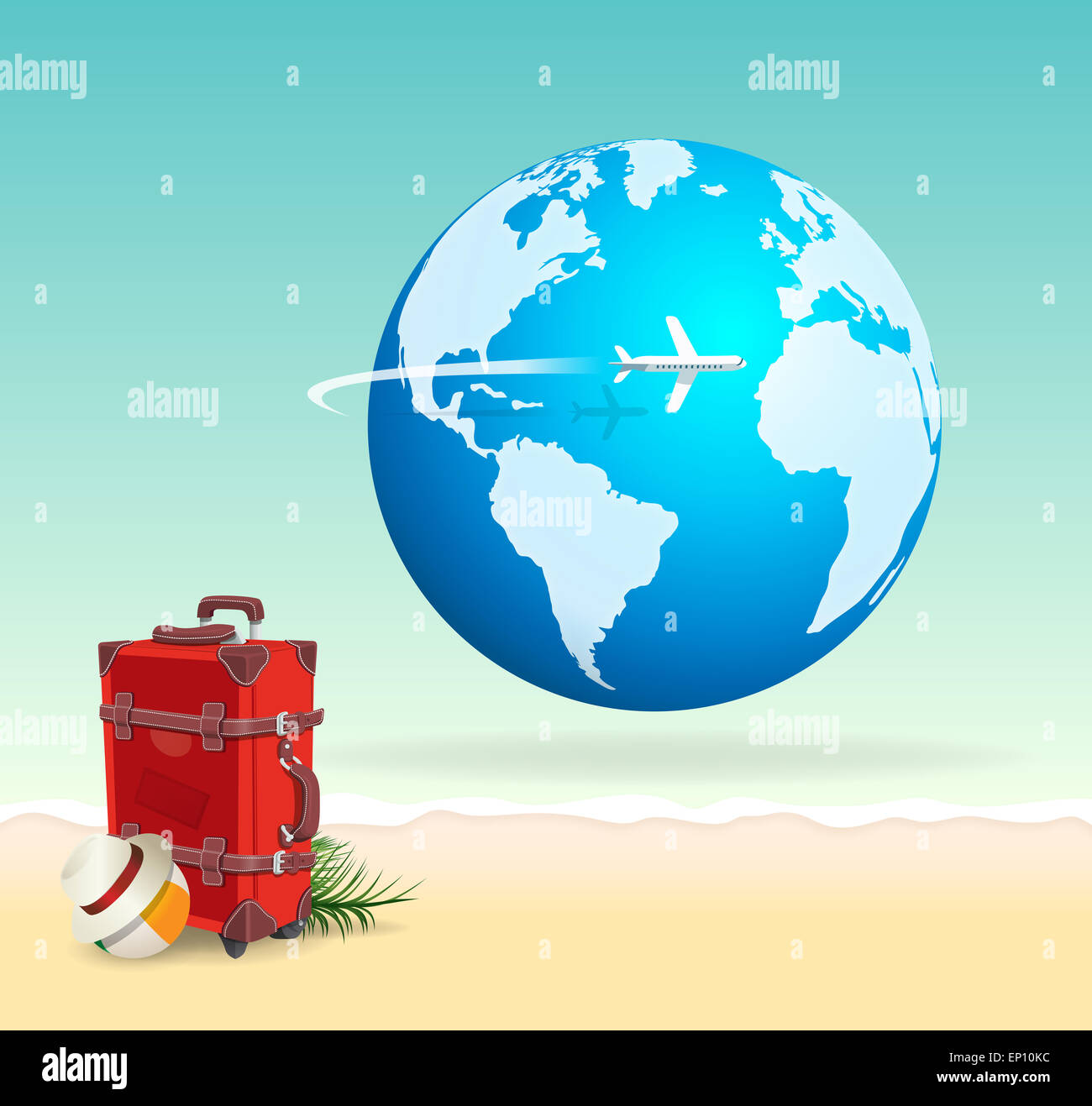 Valise de voyage vacances rouge sur sunny beach avec globe et vol d'un avion à l'échelle. Voyage et d'une escapade tropicale concept Banque D'Images