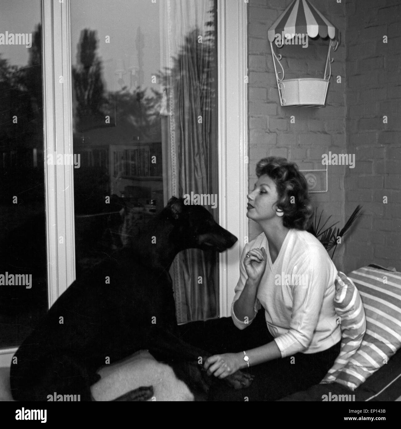Deutsche Schauspielerin Gisela Lelim Michel mit ihren Dobermann, Deutschland 1950er Jahre. L'actrice allemande Gisela Lelim Michel avec son Banque D'Images