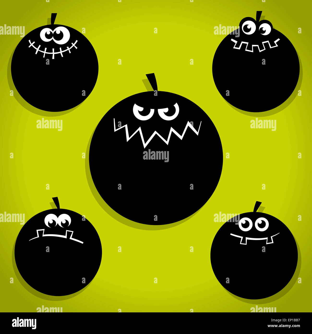 Cinq Scary Halloween Citrouille Noir peu d'icônes sur fond vert Banque D'Images