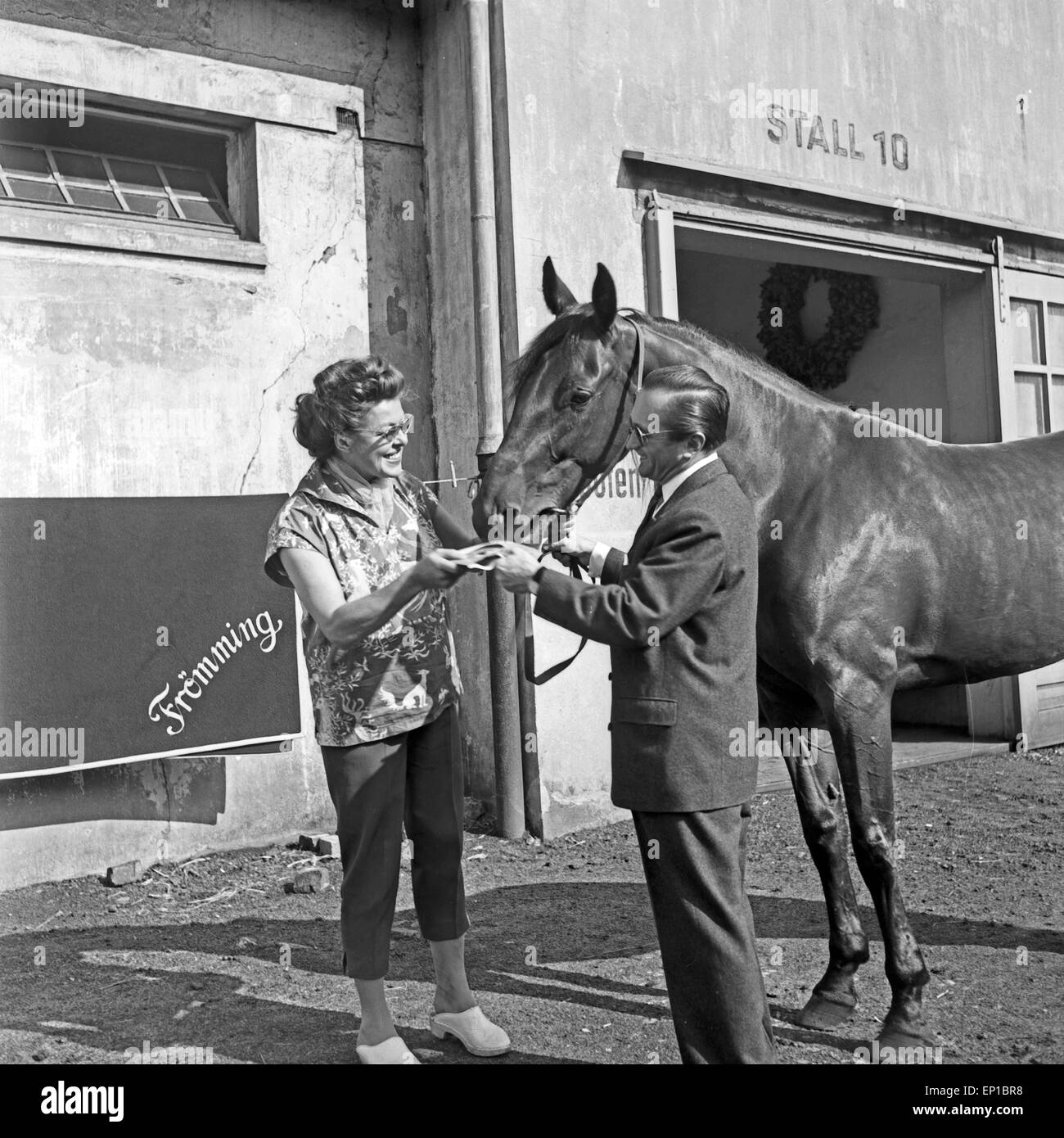 Deutsche Schauspielerin Lotte Rausch zu Besuch im Reitstall Johannes Frömming, Deutschland 1950er Jahre. L'actrice allemande Lott Banque D'Images